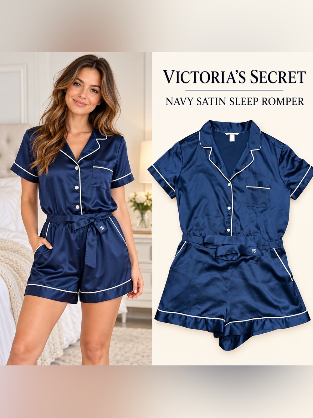 Victoria's Secret Navy Satin Short Sleep Romper with White Piping